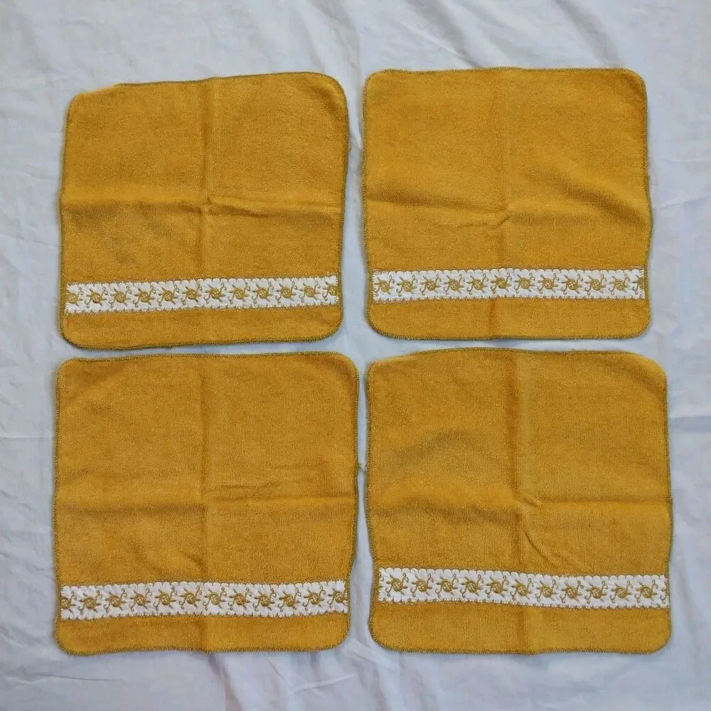VTG Wash Cloth Set of 4 70s Golden Yellow Mustard Boho Bohemian Retro Bathroom